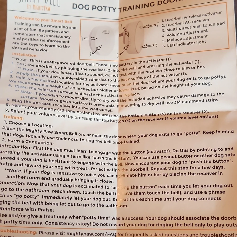 NWOT Smart Bell Dog Potty Training Doorbell - White